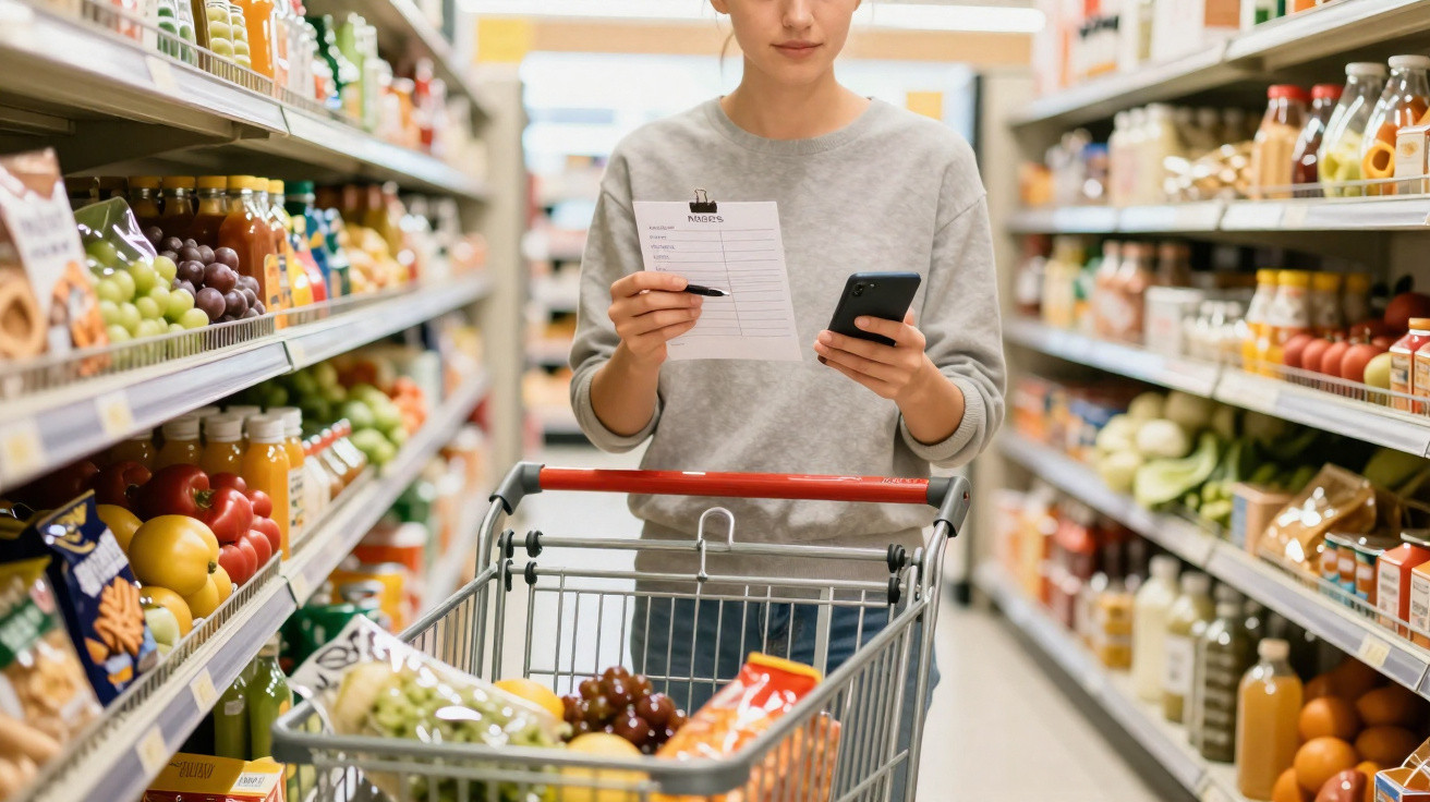 Pessoa a fazer compras no supermercado, segurando lista e telemóvel junto a carrinho cheio de frutas e produtos.