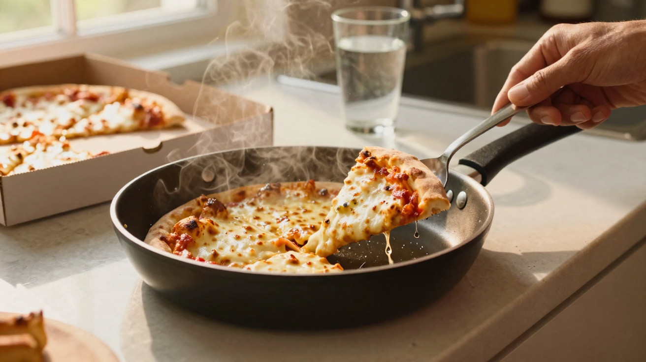 Pessoa a servir uma fatia de pizza quente com queijo numa frigideira numa cozinha iluminada.