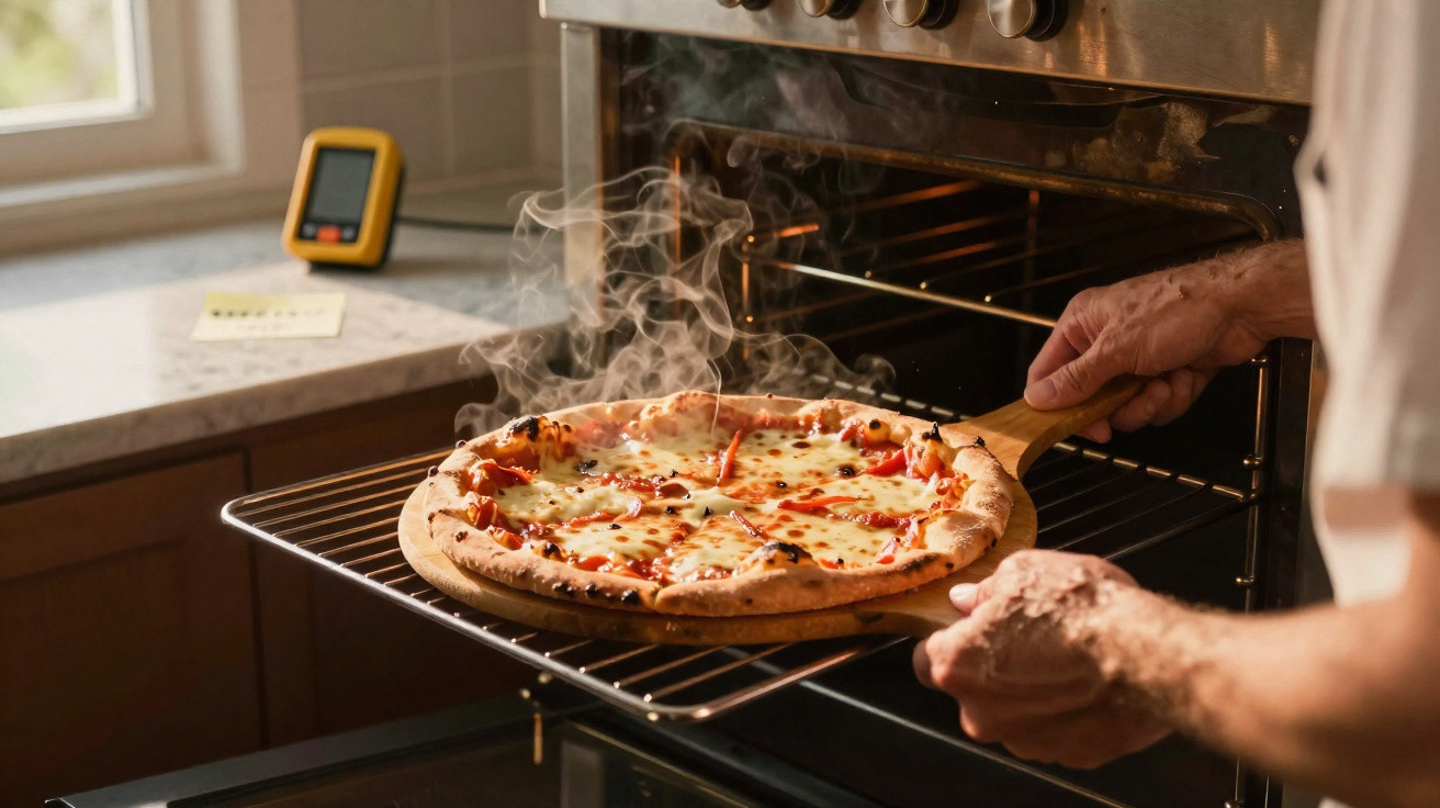 Pessoa a retirar pizza fumegante do forno com uma pá de madeira numa cozinha doméstica.