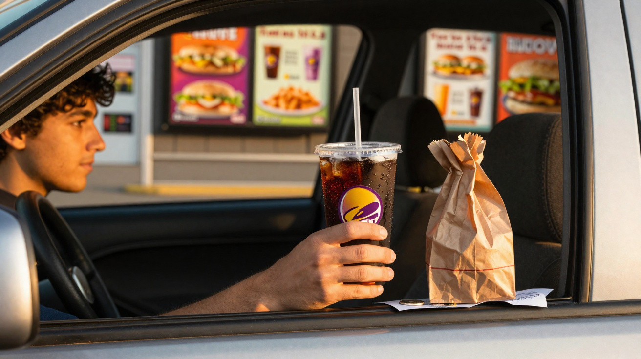 Homem no carro a segurar copo de refrigerante com embalagem de comida a seu lado na janela do drive-thru.
