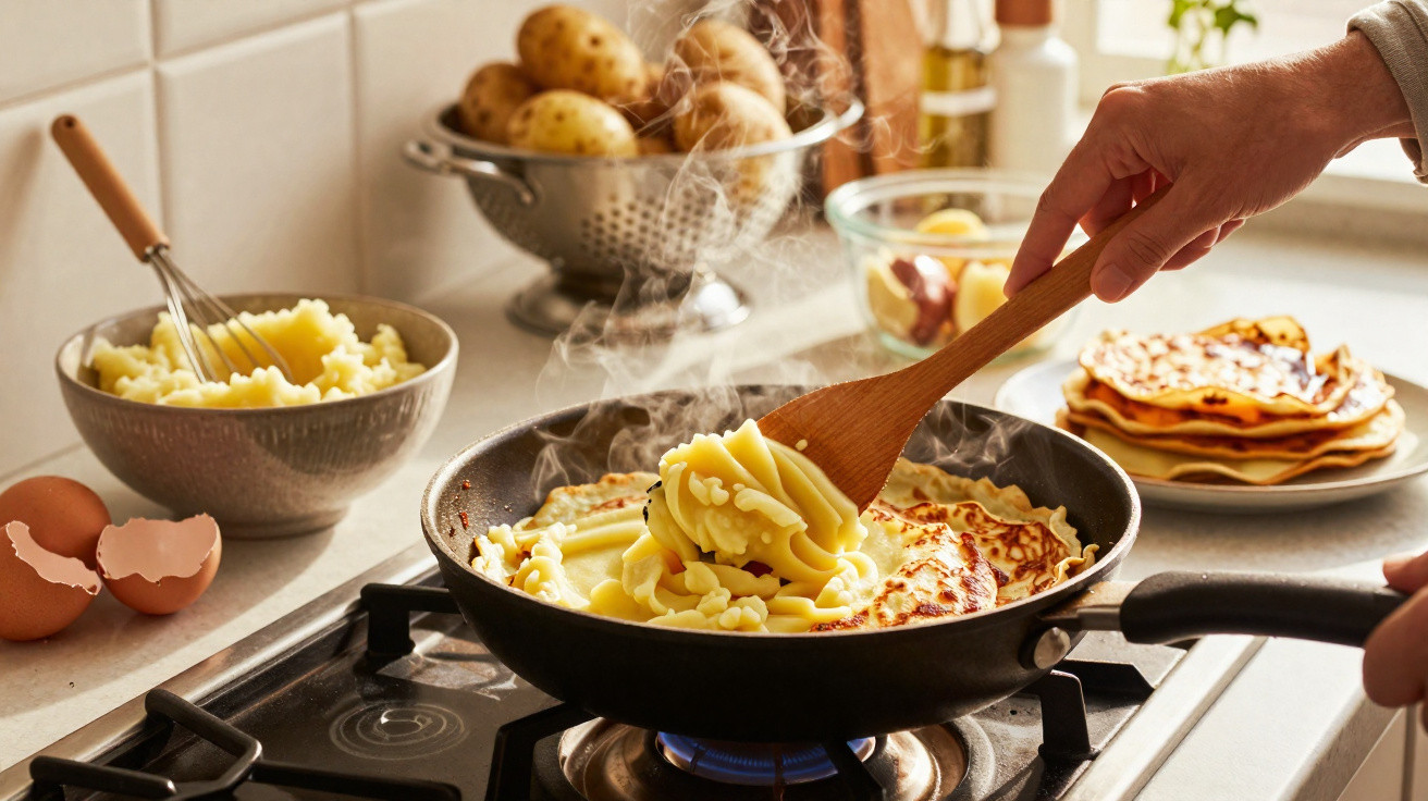 Pessoa a cozinhar crepes recheados com puré de batata quente numa frigideira num fogão a gás.