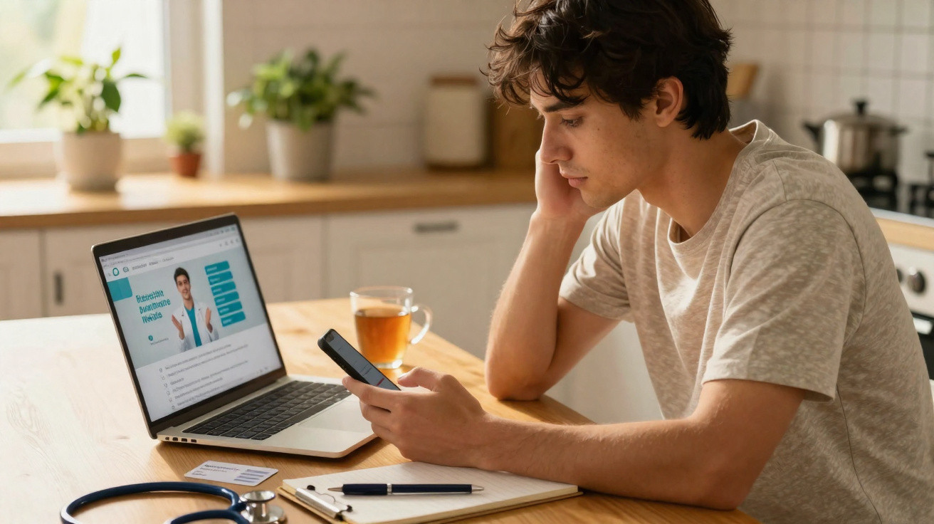 Jovem sentado à mesa a consultar o telemóvel, com laptop aberto e estetoscópio ao lado na cozinha.