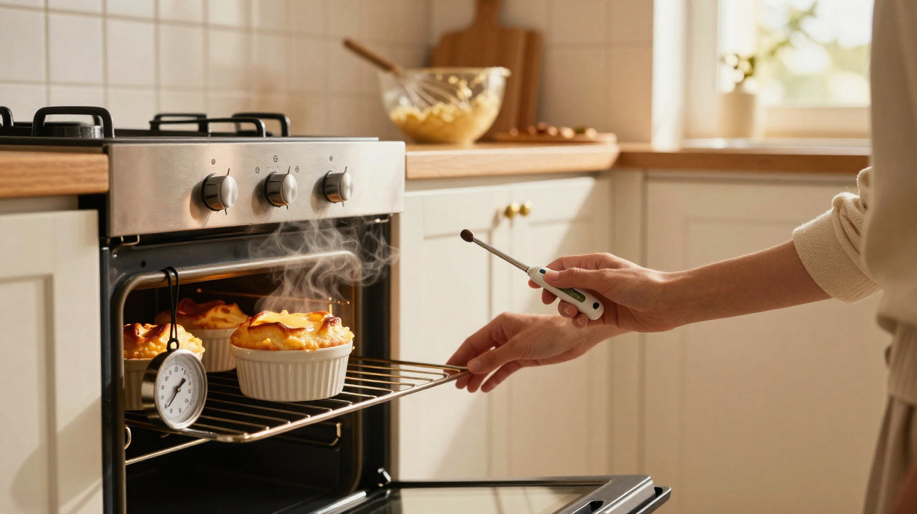 Pessoa a retirar pudins recém-cozidos fumegantes do forno numa cozinha iluminada e moderna.