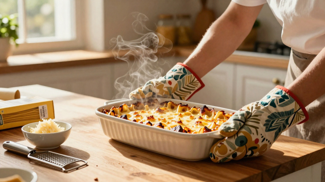 Pessoa com luvas de forno a retirar um prato de massa gratinada fumegante do forno numa cozinha iluminada.