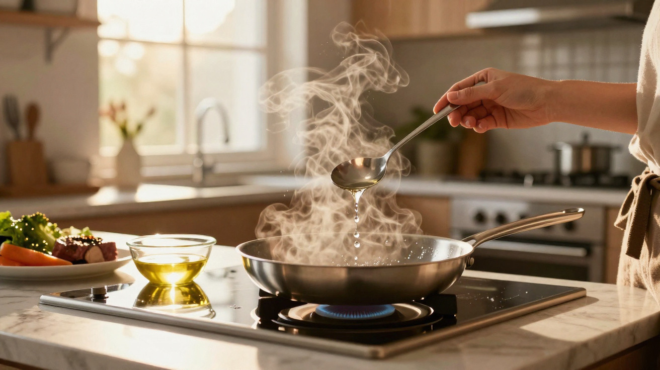Pessoa a cozinhar com frigideira e colher numa cozinha moderna, vapor a sair da frigideira.