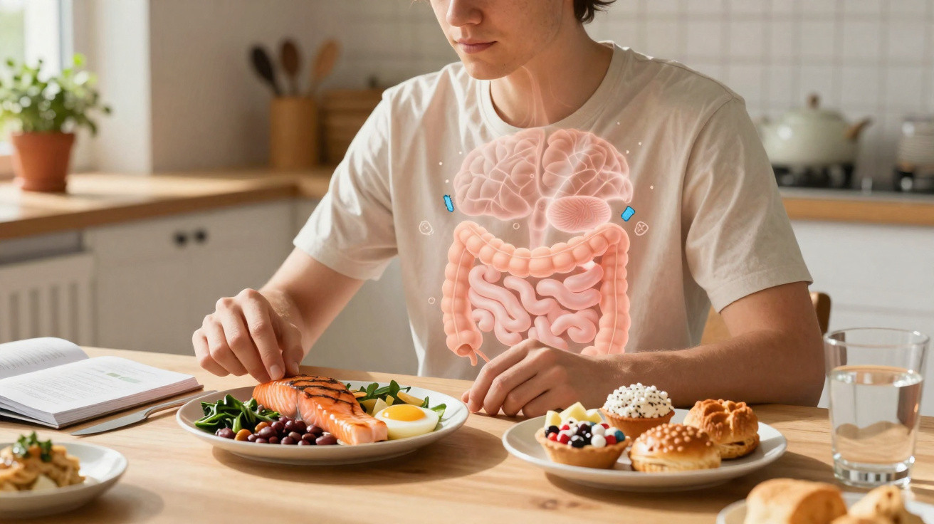 Pessoa sentada à mesa, prestes a comer comida saudável, com ilustração do sistema digestivo projetada no peito.