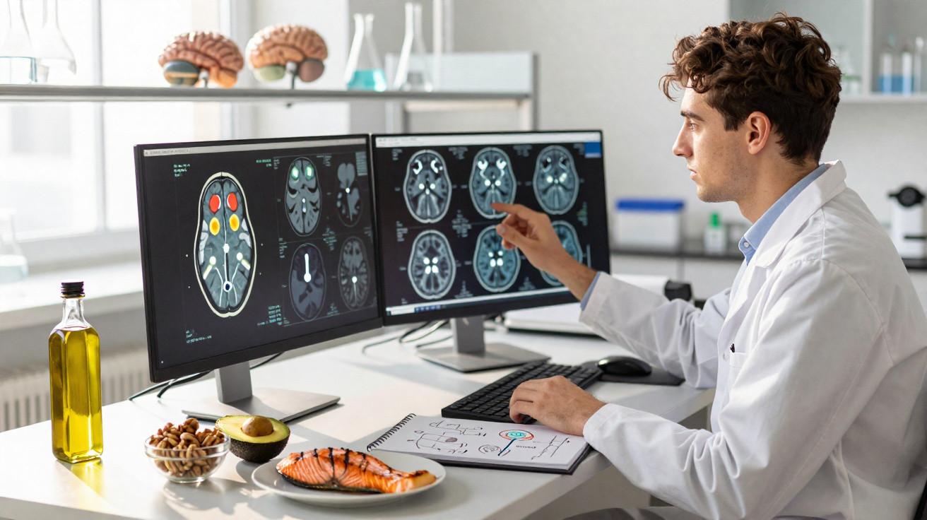Neurologista observa imagens de ressonância magnética do cérebro em dois ecrãs, com alimentos saudáveis sobre a mesa.
