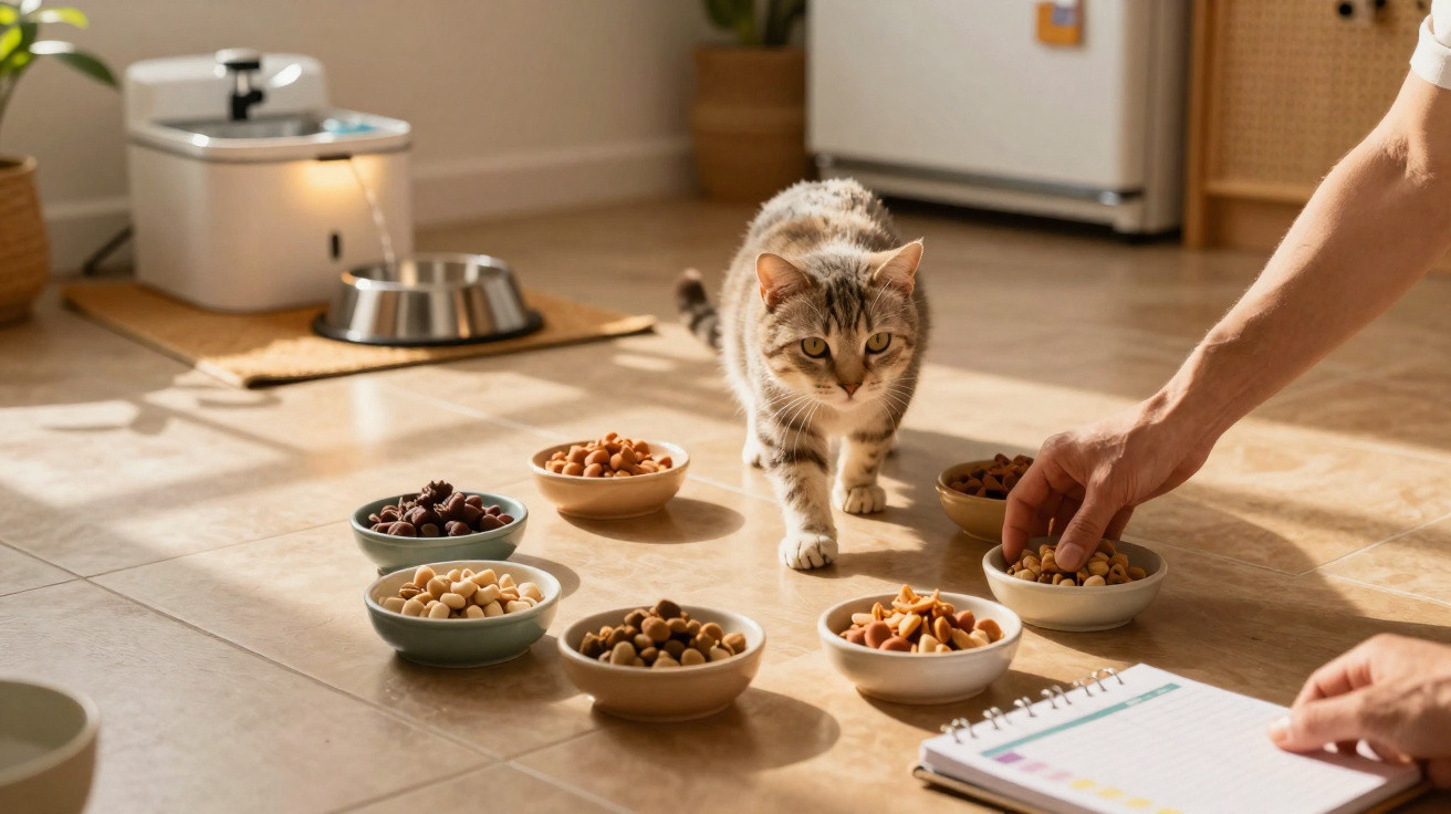Gato cinzento aproxima-se de várias tigelas com alimentos diferentes enquanto uma pessoa anota dados num caderno.