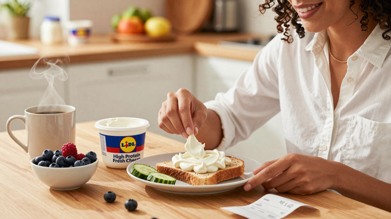 Mulher a preparar torrada com queijo fresco proteico e legumes, ao lado de chá quente e frutos vermelhos na cozinha.