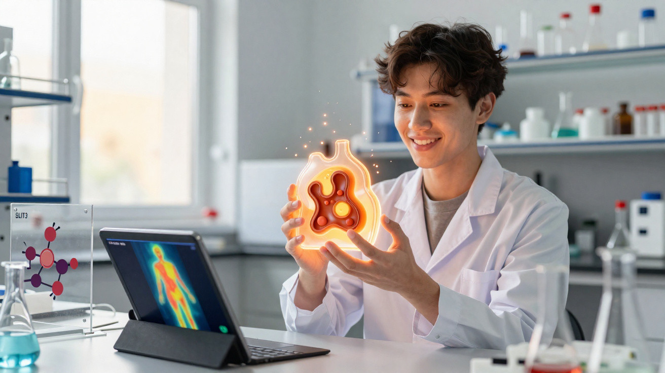 Cientista jovem está em laboratório, segurando modelo digital de coração enquanto observa e sorri.