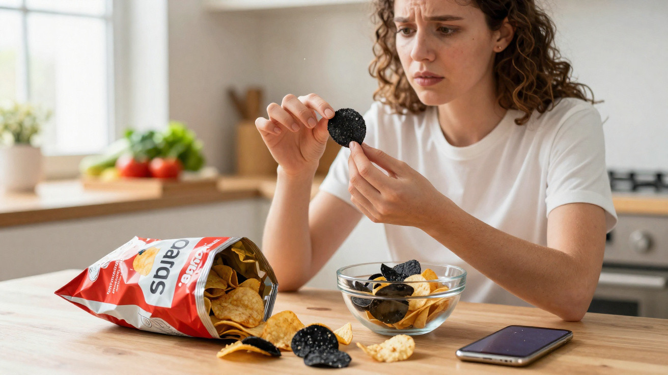 Mulher surpreendida a olhar para chips de batata pretos numa cozinha com telemóvel na mesa.