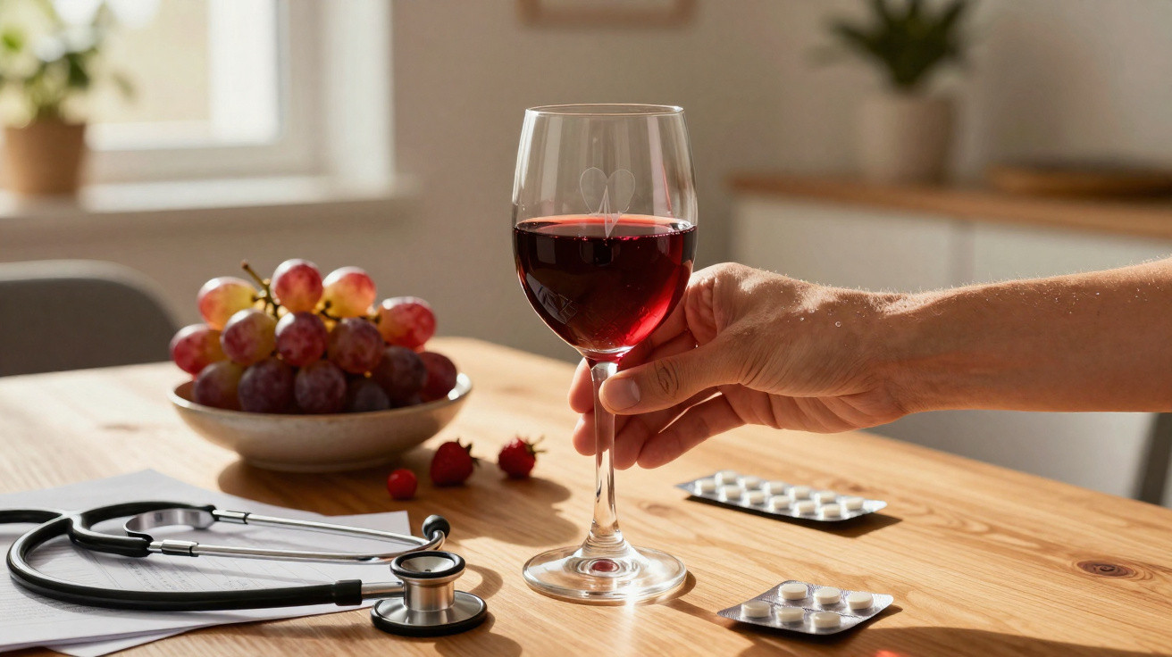 Mão segurando copo de vinho tinto sobre mesa com uvas, remédios, estetoscópio e documentos médicos.
