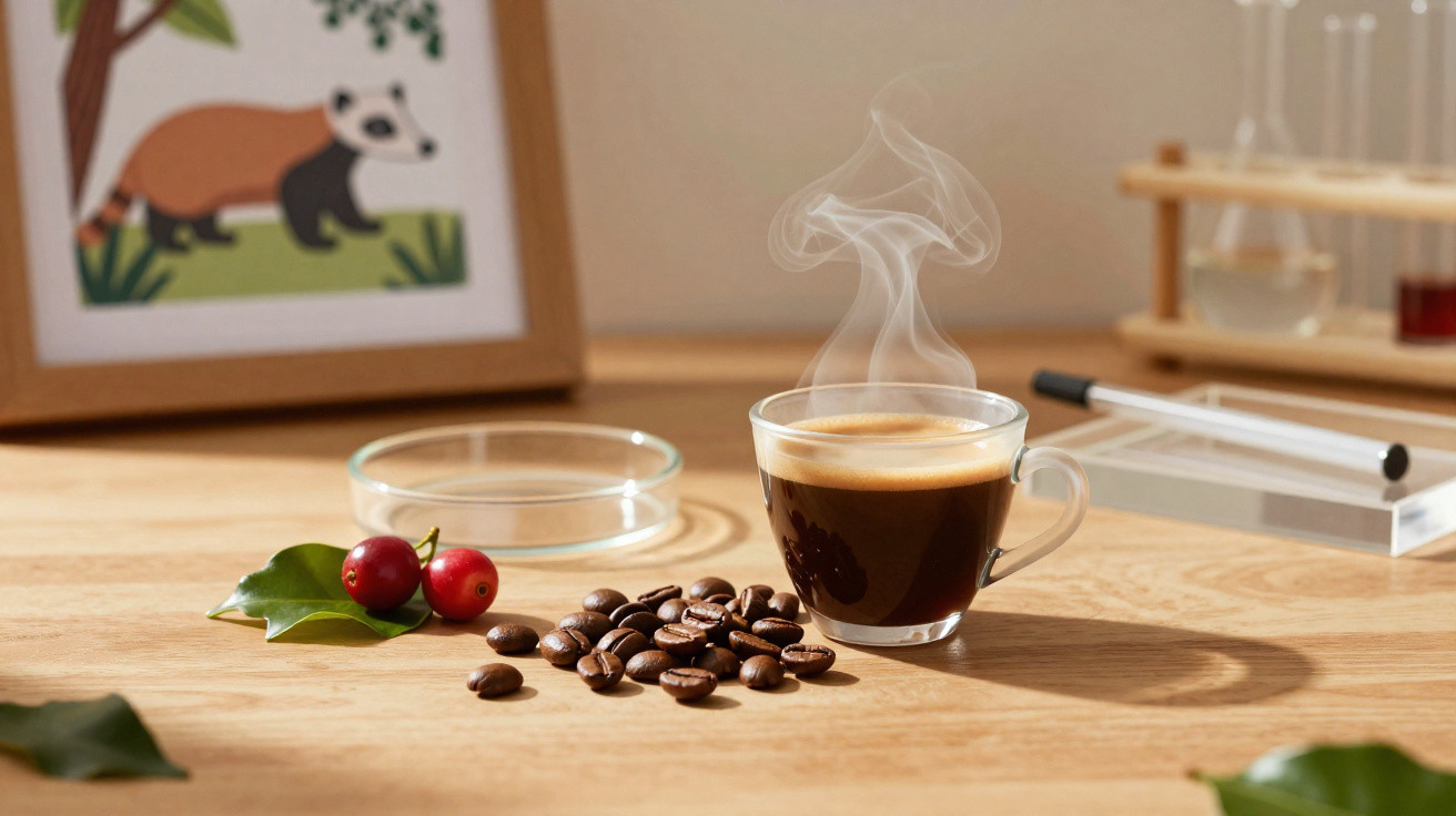 Chávena de café fumegante, grãos de café, frutos do cafeeiro e ambiente luminoso sobre mesa de madeira.