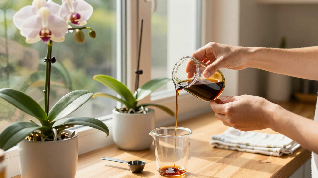 Mãos a verter café de um recipiente de vidro para outro numa mesa de madeira junto a uma janela com duas orquídeas brancas.