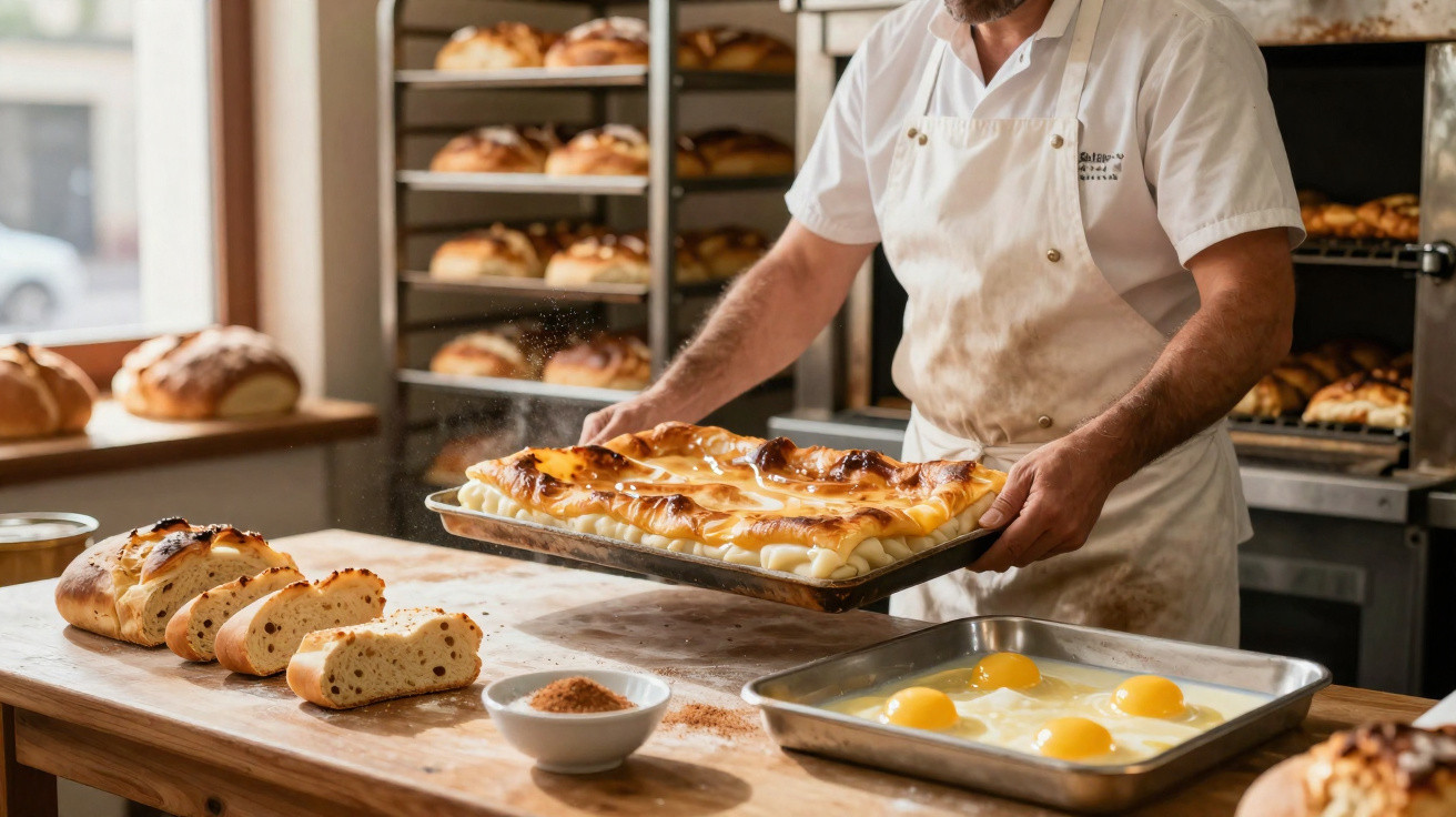 Padeiro a retirar do forno uma travessa com folhados, em ambiente de padaria com pão e ovos simulando preparação.