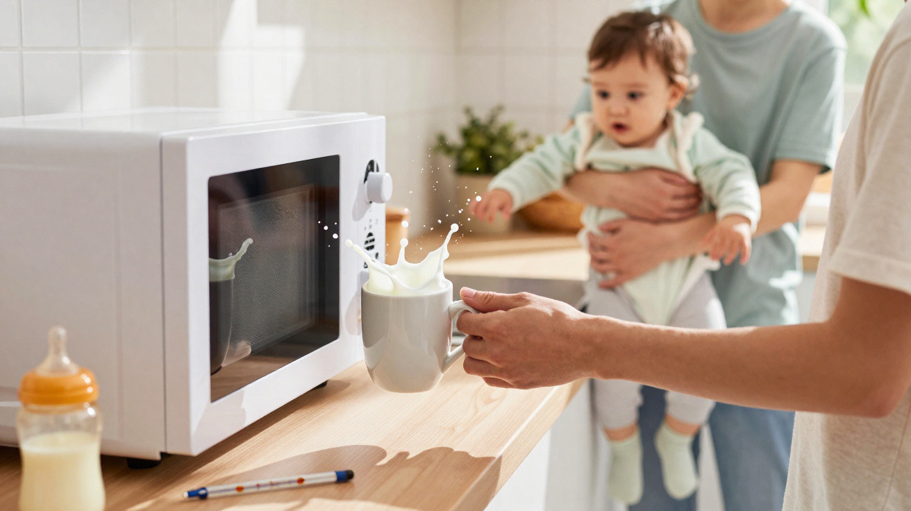Copo de leite a transbordar junto a micro-ondas, com bebé ao colo de adulto em cozinha clara.